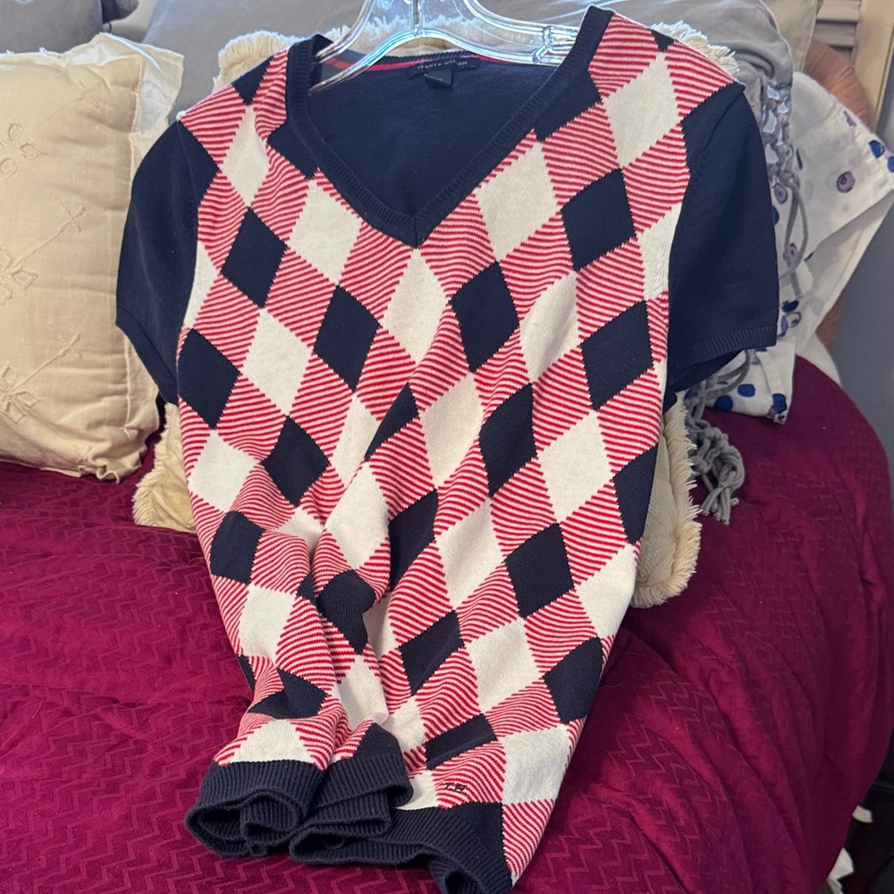 Tommy Hilfiger Red and Black V-Neck Sweater